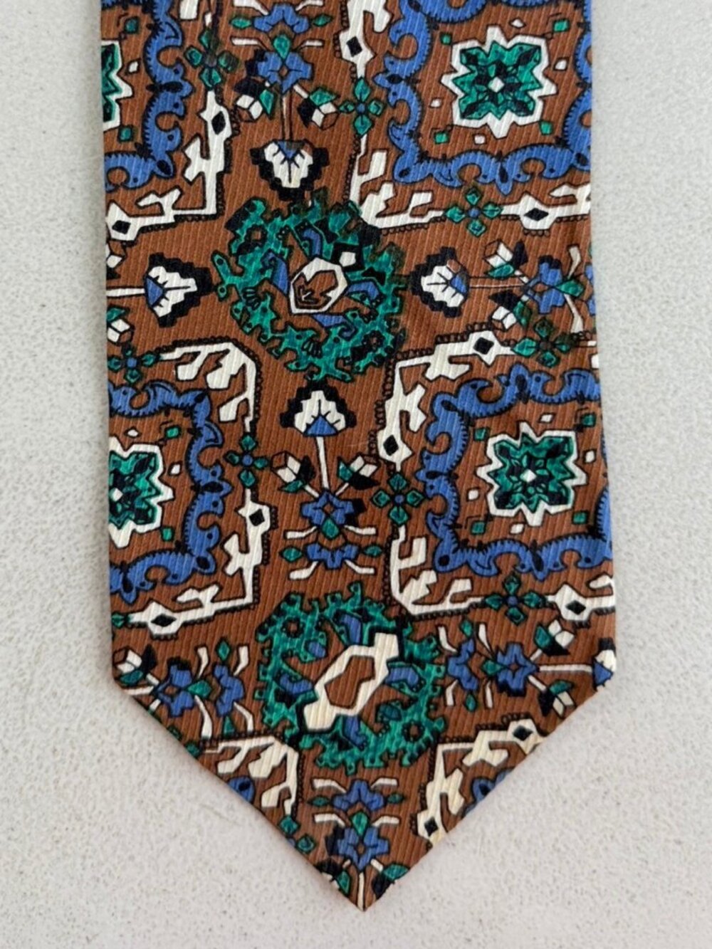 Vintage Geometric Floral Pattern Cotton Tie 60s Brown/Blue/Green Wide Necktie